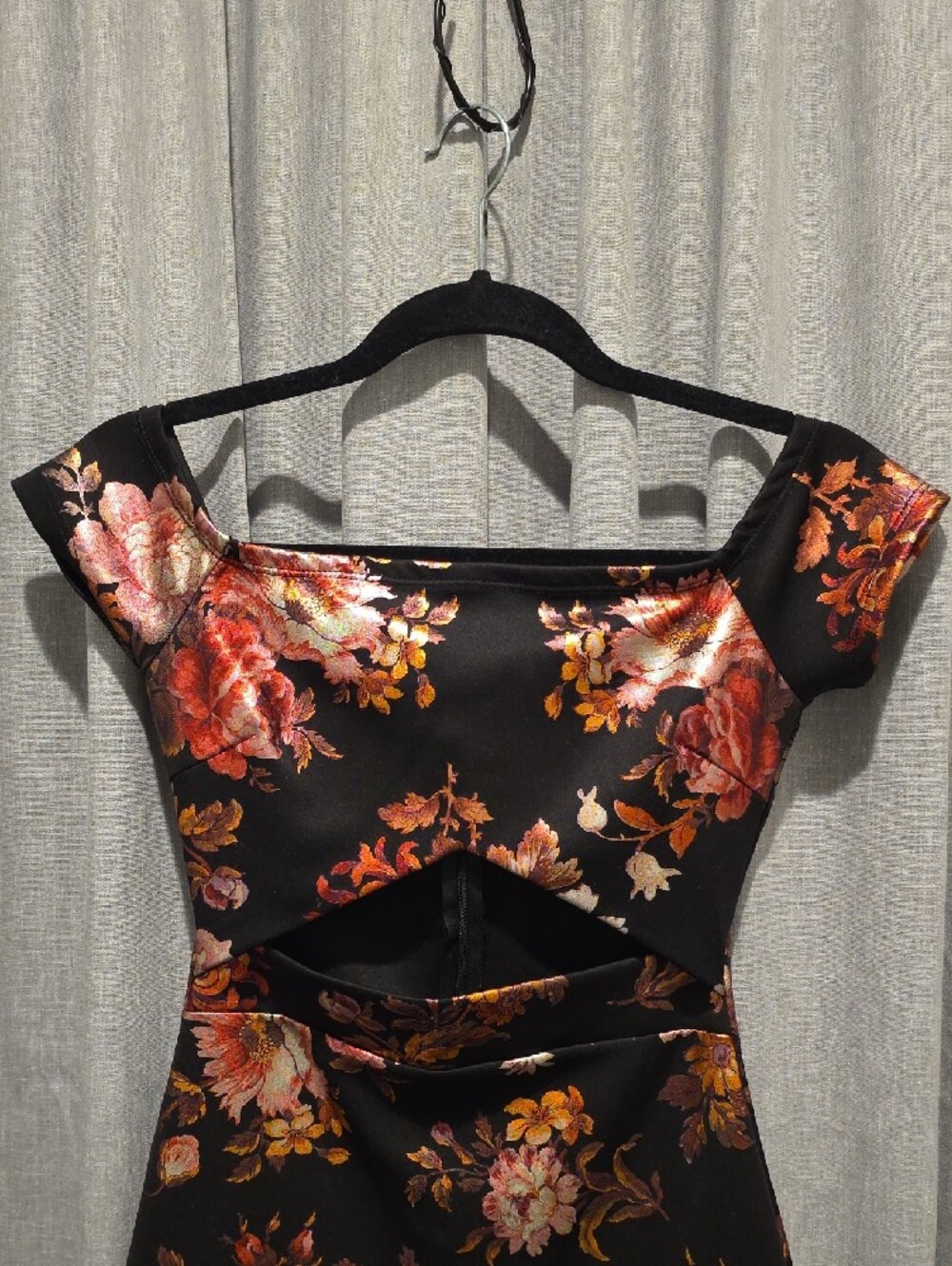 Privy Black Mini Dress with Pink & Orange Floral Foil Like Print Cutout - Picture 2 of 15